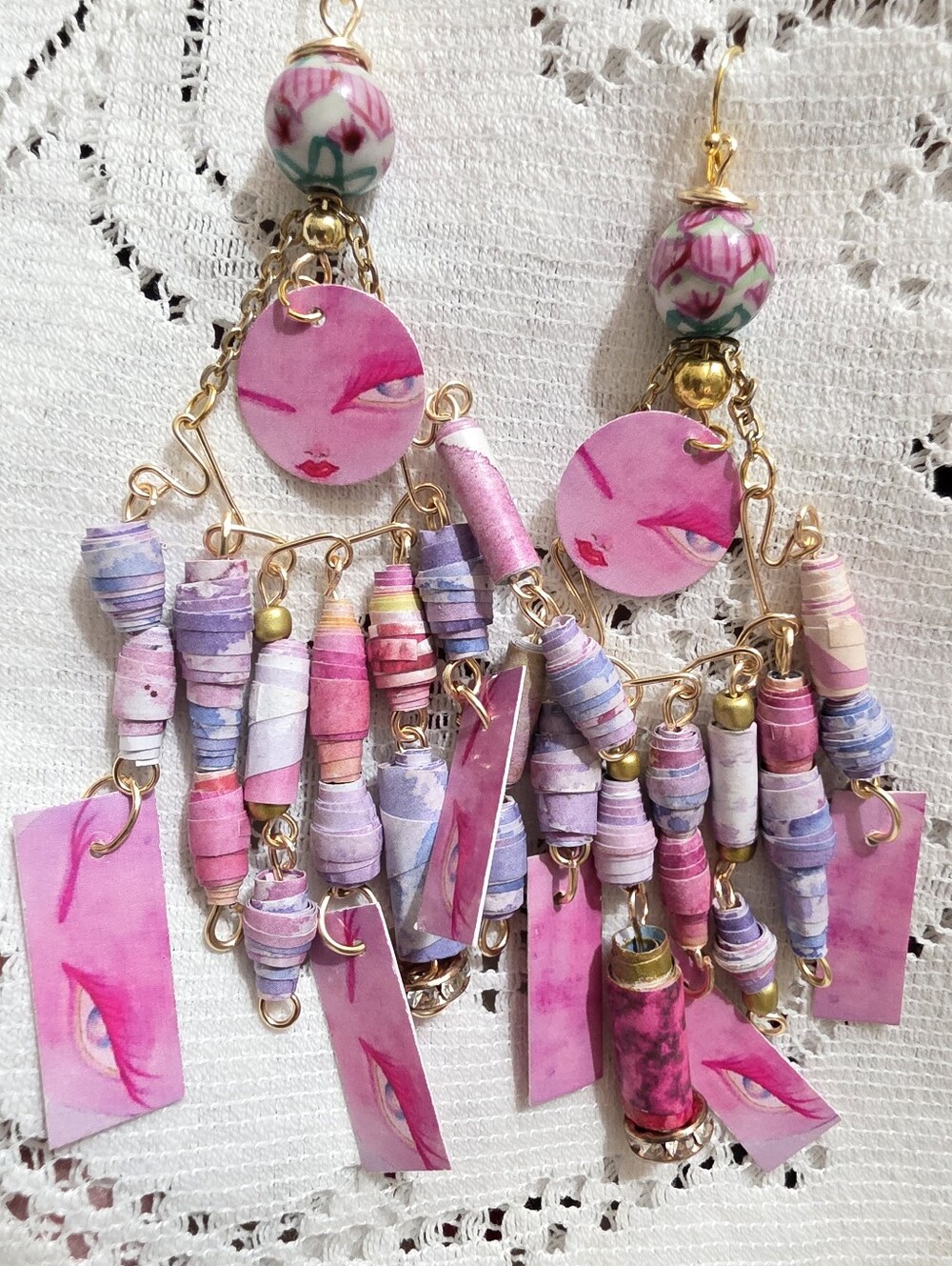 Handmade Pink Paper Bead Pimk Moon Statement Earrings  Original Art Prints